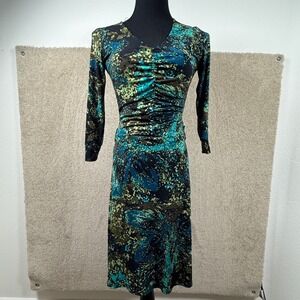Veronicam Womens XS Teal Green Abstract V-Neck Long Sleeve Midi Dress no belt